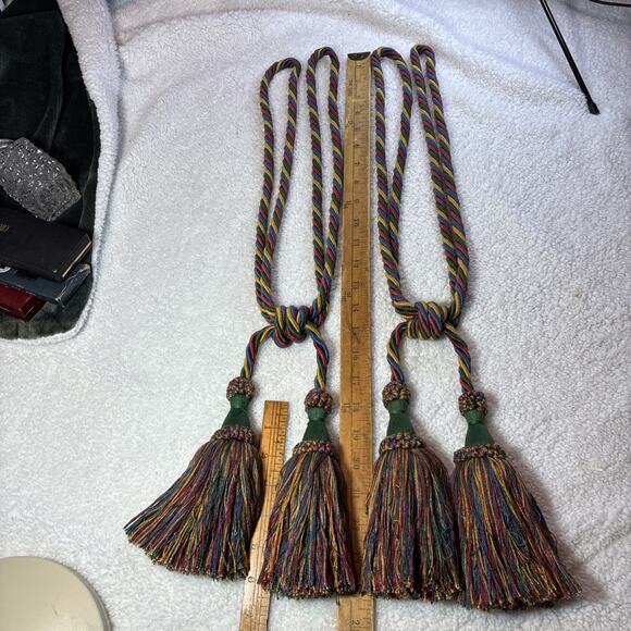 Pair Large Drapery Curtain Tie Backs Tassels red/green/gold Fringe 24” Elegant - Picture 1 of 5